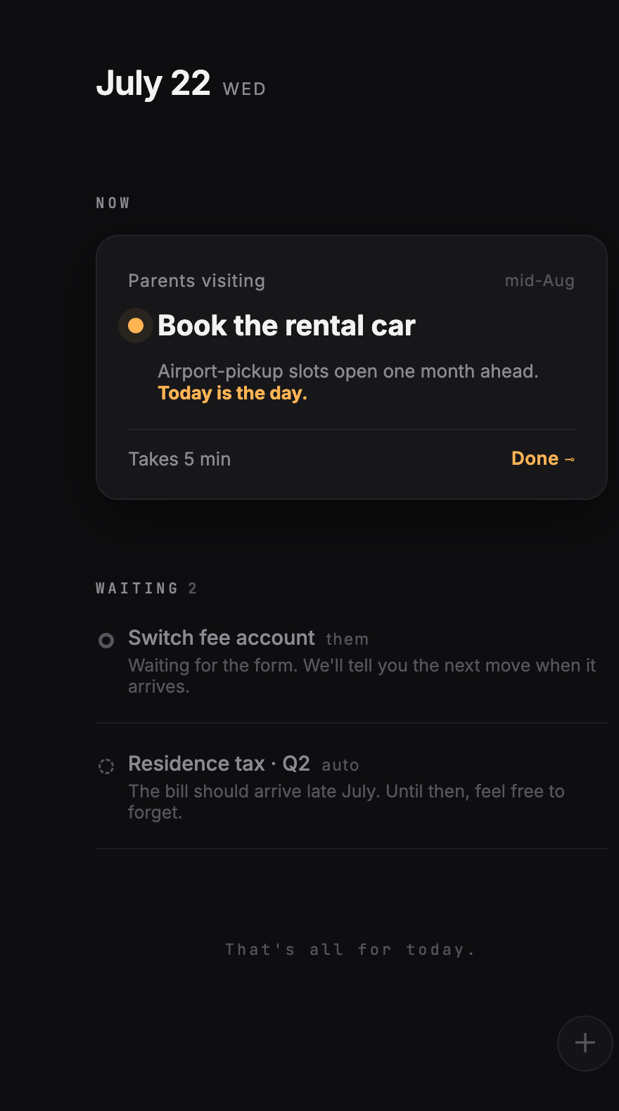 Tsugi app screen: one task under Now, two items under Waiting.